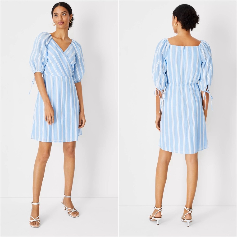 Ann Taylor Striped Puff Sleeve Wrap Dress
